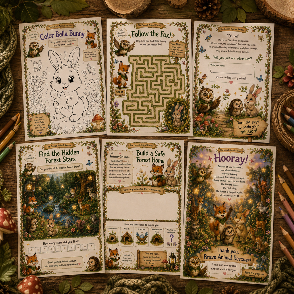 The Secret Animal Rescue - Printable Activity Book - 11 pages